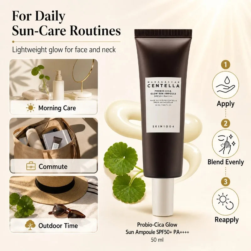 Korean Centella Probio-Cica Glow Suncreen Ampoule,SPF50+ Sun Protection,Facial Moisturising Daily Sun Face Cream Ampoule 50ml