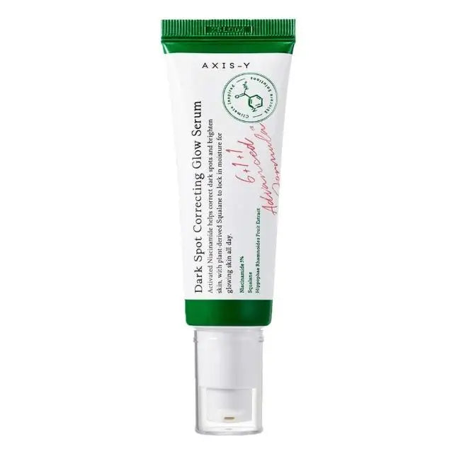 Axis-y dark spot correcting glow serum 50 ml, dark spot correcting serum, anti-spot treatment, corrects pigmentation and improves uneven skin tone. Retains moisture, k-beauty new