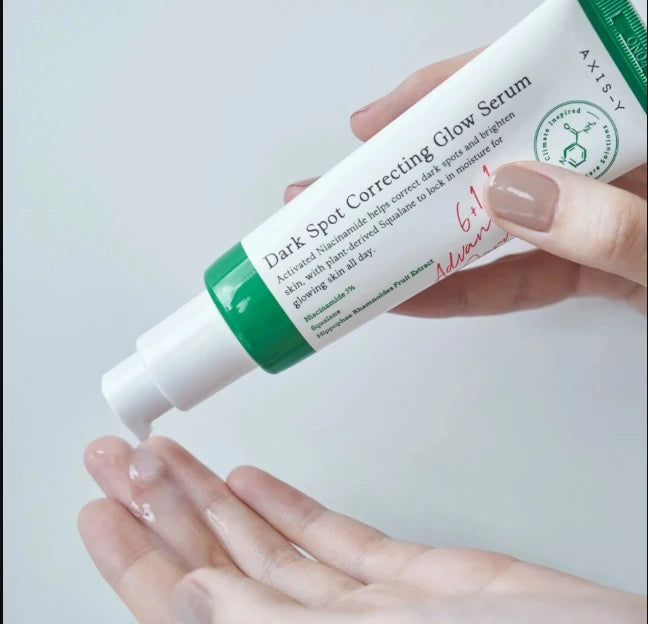 Axis-y dark spot correcting glow serum 50 ml, dark spot correcting serum, anti-spot treatment, corrects pigmentation and improves uneven skin tone. Retains moisture, k-beauty new