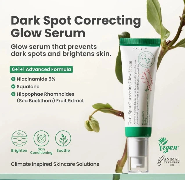 Axis-y dark spot correcting glow serum 50 ml, dark spot correcting serum, anti-spot treatment, corrects pigmentation and improves uneven skin tone. Retains moisture, k-beauty new