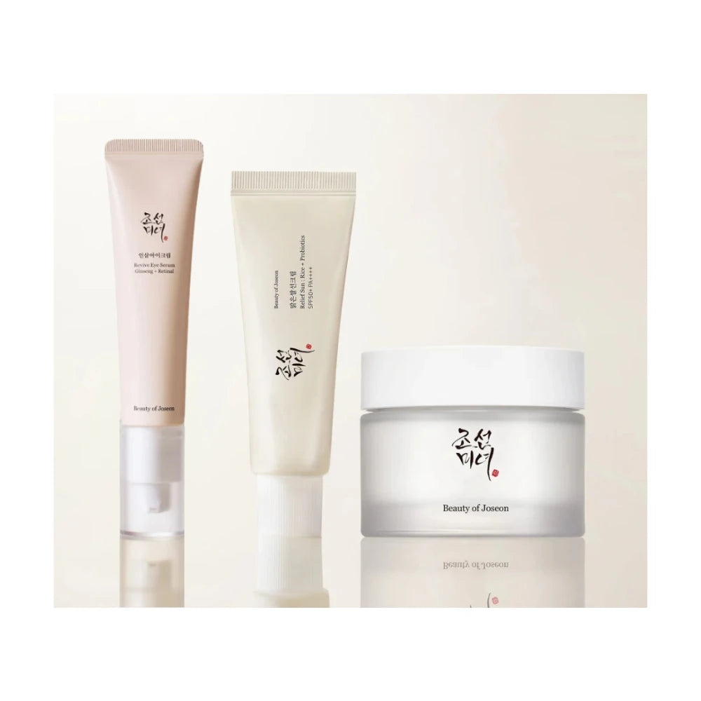 Beauty of Joseon Complete Ritual Set: Includes Dynasty Cream 50 ml, Relief Sun Rice SPF50+ PA++++ 50 ml, Revive Eye Serum Ginseng 30 ml, ideal for all skin types, providing intense hydration and daily sun protection.
