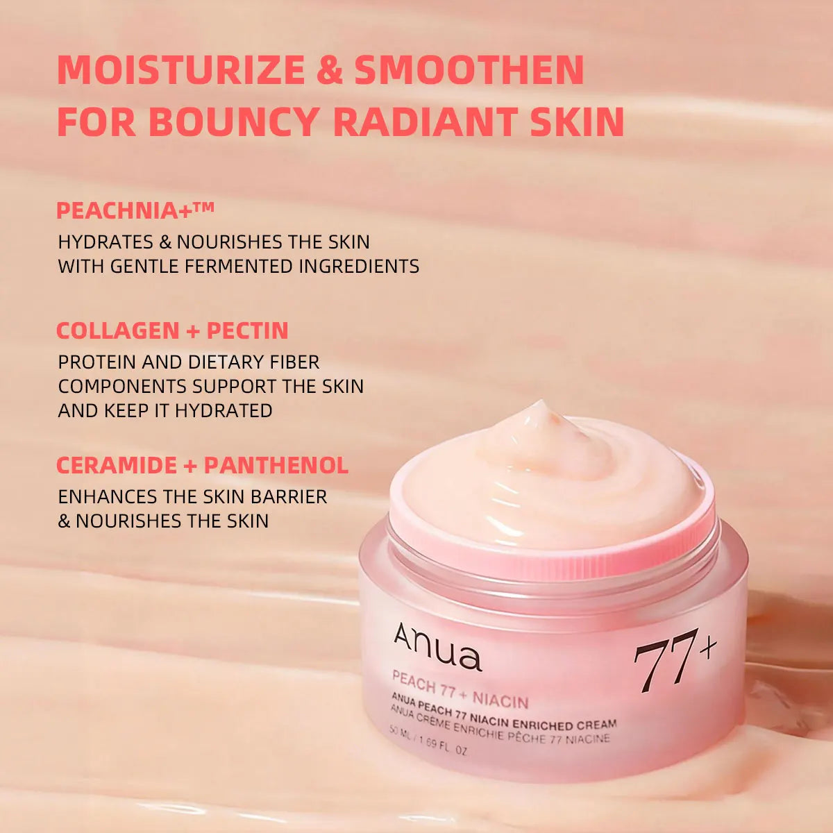 ANUA Peach 77% Niacin Enriched Cream 50ml, Silky Texture, Non-Greasy, Boost Skin Glow, Korean Cosmetics, Korean Skincare
