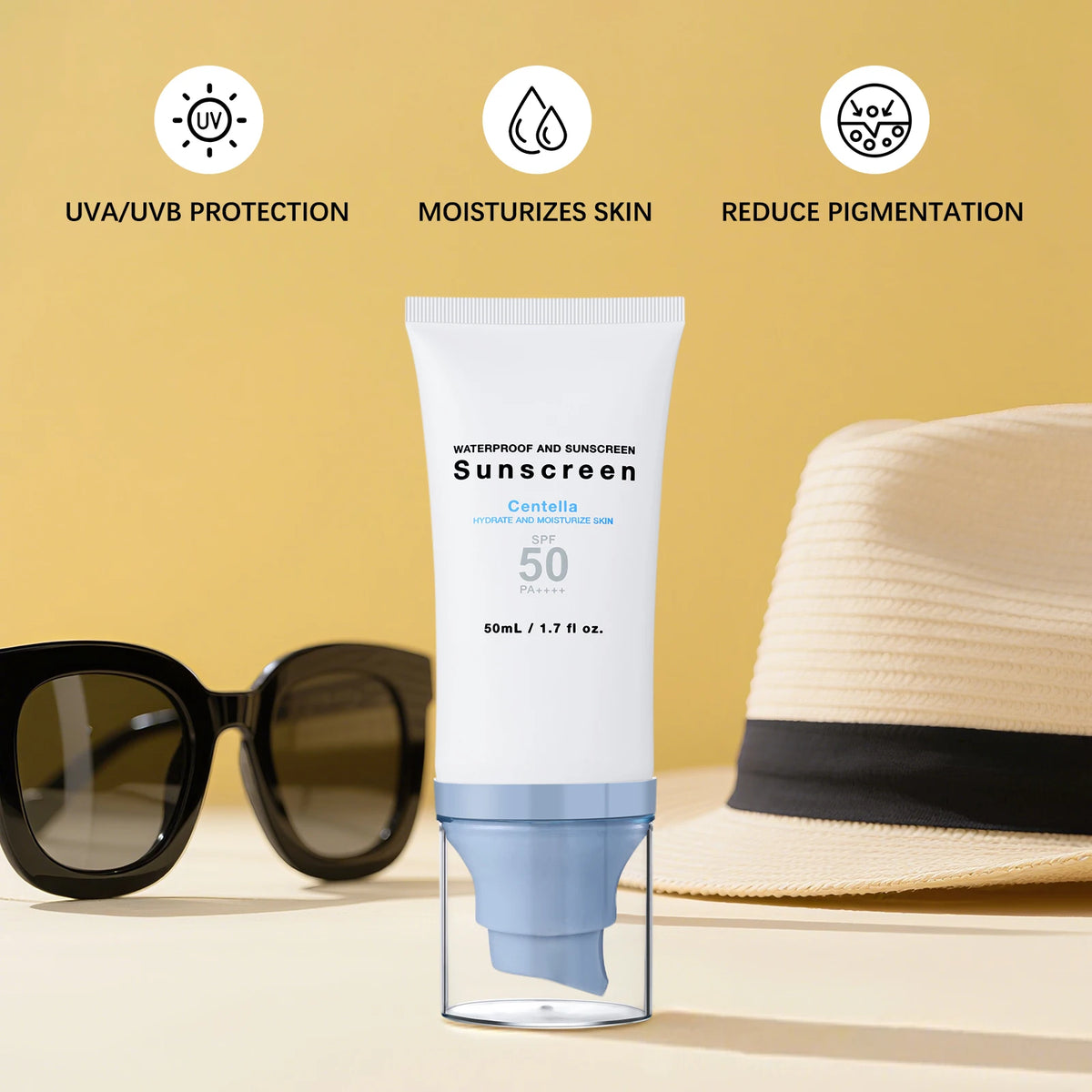 Centella UV Shield Cream SPF50 PA++++ 50ml - Waterproof Hydrating Sunscreen for Face & Body, Non-Greasy Protection.