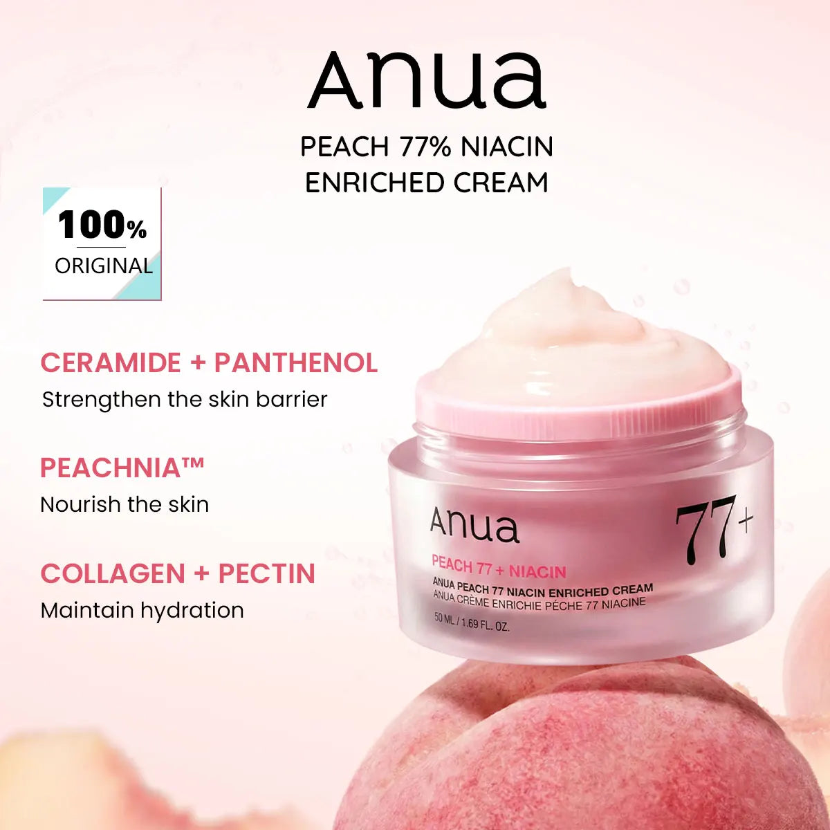 ANUA Peach 77% Niacin Enriched Cream 50ml, Silky Texture, Non-Greasy, Boost Skin Glow, Korean Cosmetics, Korean Skincare