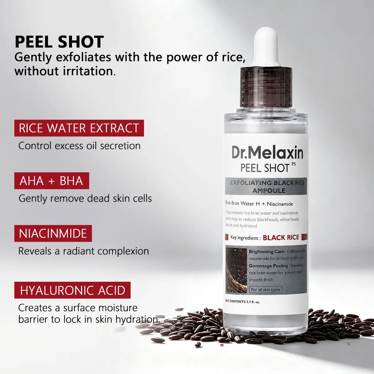 Dr.Melaxin PEEL SHOT EXFOLIATING BLACK RICE AMPOULE 80ml, Refine Texture, Soften Skin, Korean Cosmetics, Korean Skincare