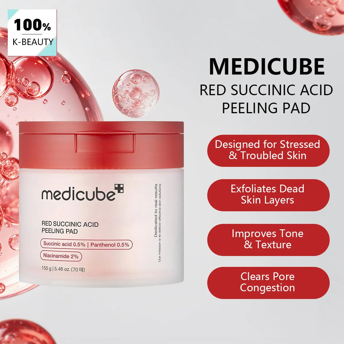 MEDICUBE RED SUCCINIC PEELING PAD 2024, Soft Pad Touch, Mild Liquid, Korean Cosmetics, Korean Skincare