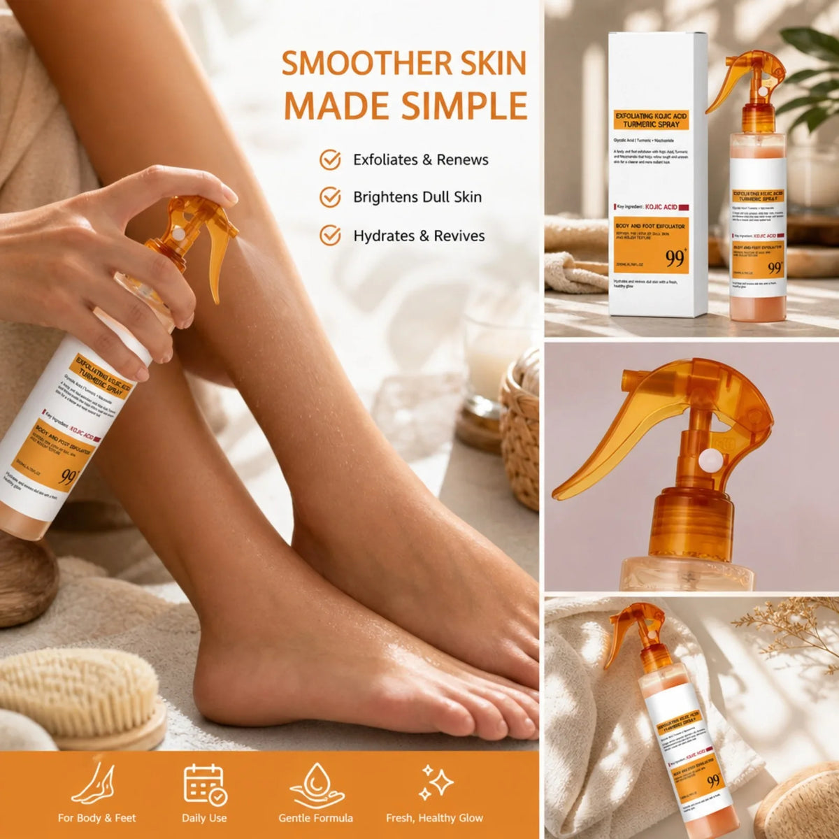200ML Exfoliating Kojic Acid Turmeric Spray Body Foot Skin Spray Smoothing Rough Texture Hydrating Refreshing Body SkinCare