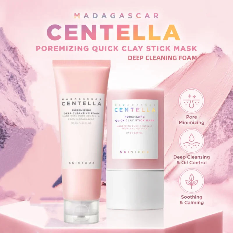 Korean Skincare Centella Moisturizing Pore Cleansing Set,Poremizing Quick Clay Stick Mask & Facial Deep Cleansing Cleanser Foam