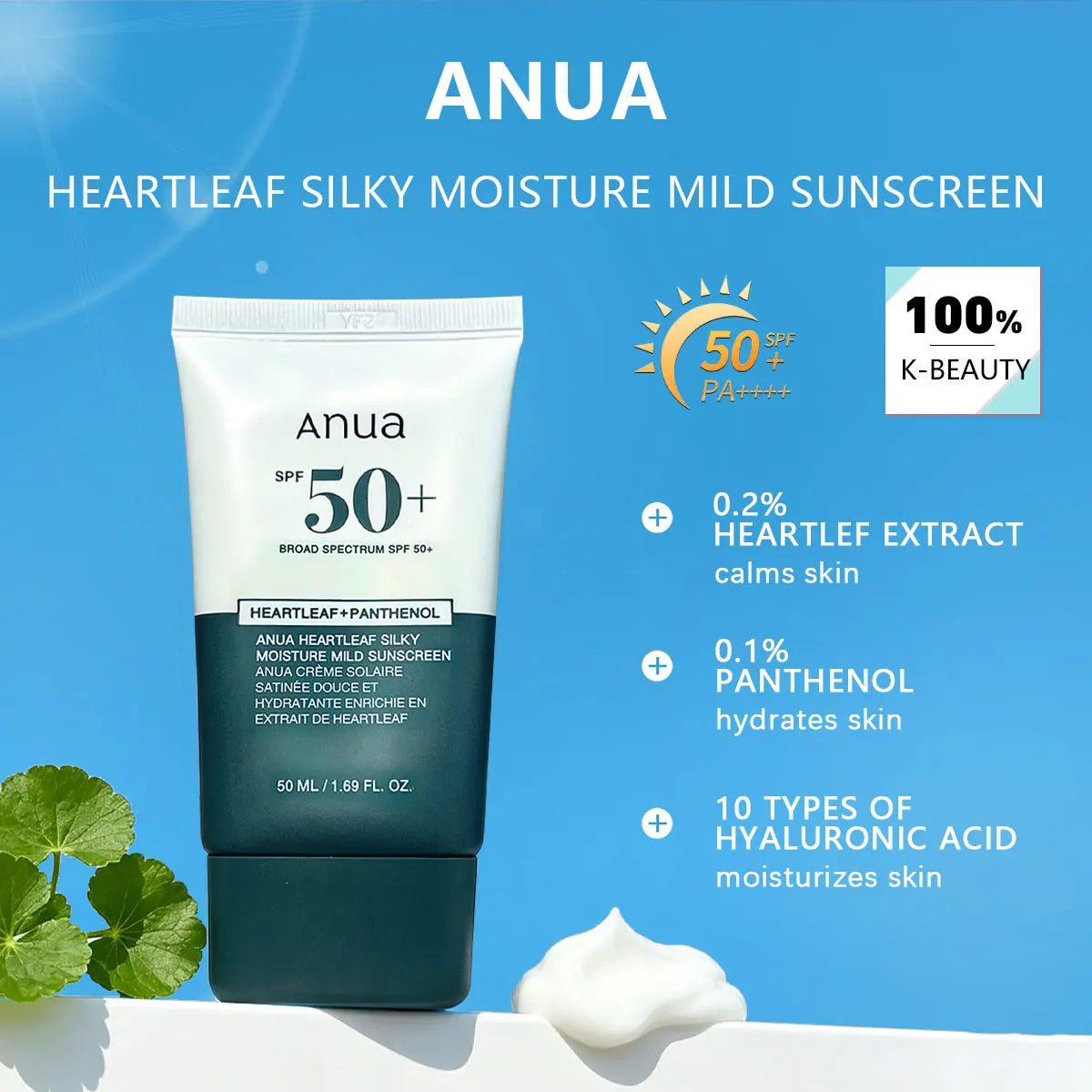 ANUA HEARTLEAF SILKY SUNCREAM 50ML, Silky Texture, Fresh Skin Feel, Korean Cosmetics, Korean Skincare