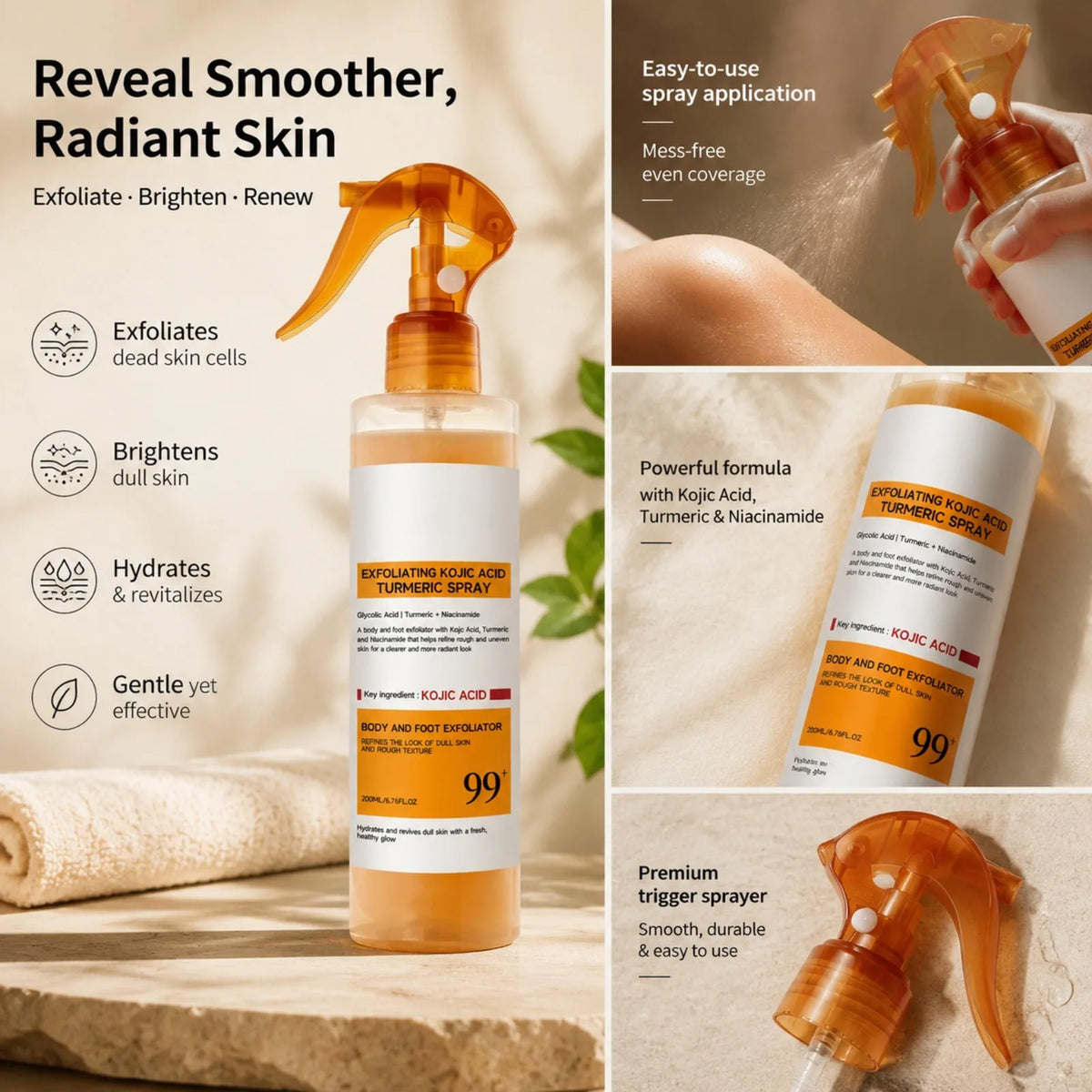 200ML Exfoliating Kojic Acid Turmeric Spray Body Foot Skin Spray Smoothing Rough Texture Hydrating Refreshing Body SkinCare