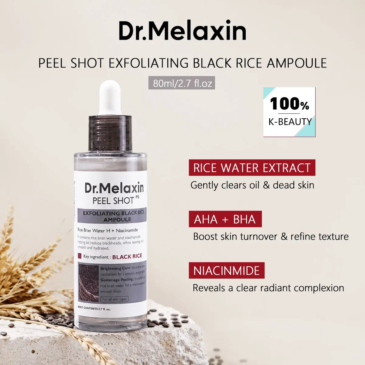 Dr.Melaxin PEEL SHOT EXFOLIATING BLACK RICE AMPOULE 80ml, Refine Texture, Soften Skin, Korean Cosmetics, Korean Skincare