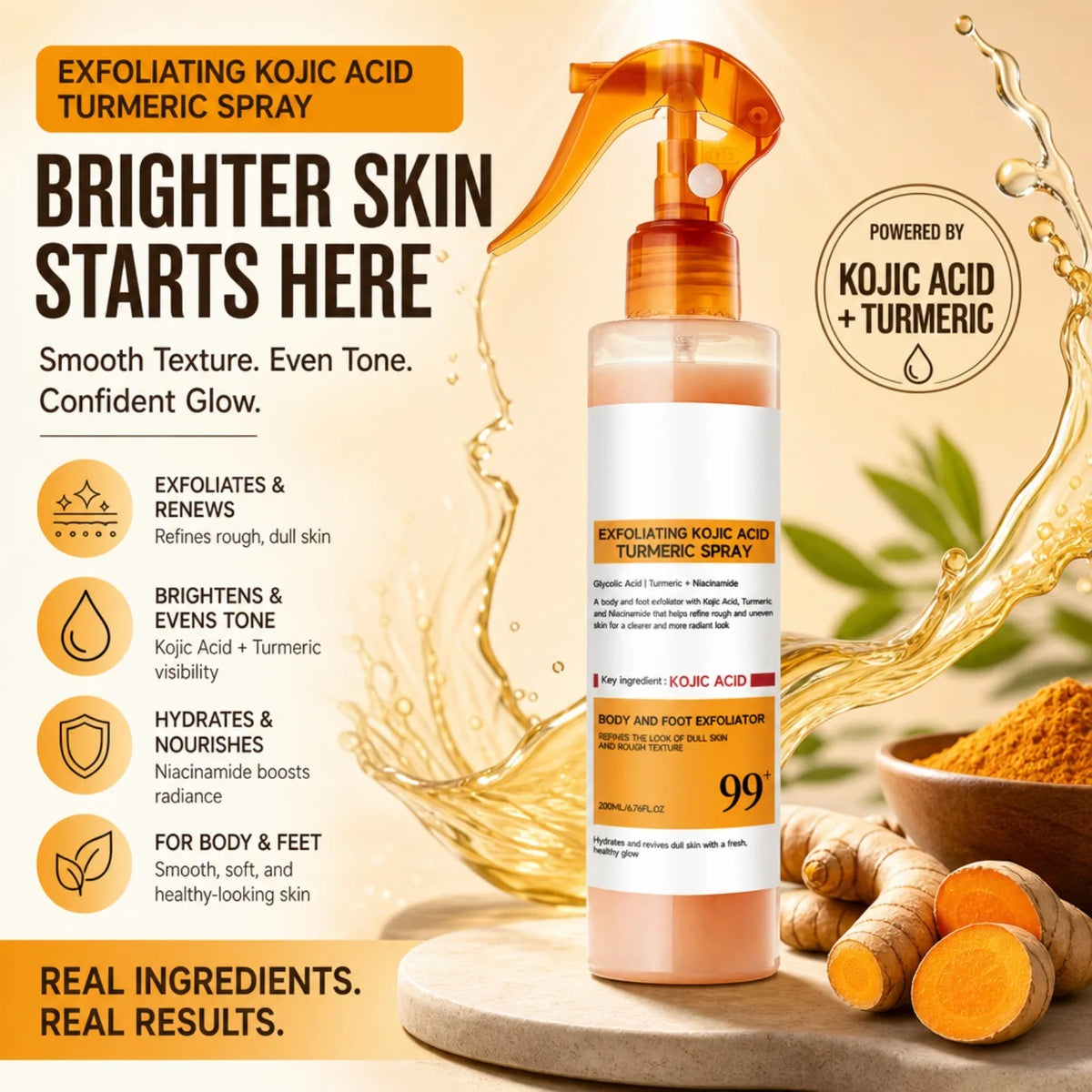 200ML Exfoliating Kojic Acid Turmeric Spray Body Foot Skin Spray Smoothing Rough Texture Hydrating Refreshing Body SkinCare