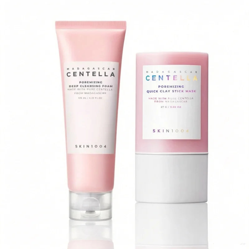 Korean Skincare Centella Moisturizing Pore Cleansing Set,Poremizing Quick Clay Stick Mask & Facial Deep Cleansing Cleanser Foam
