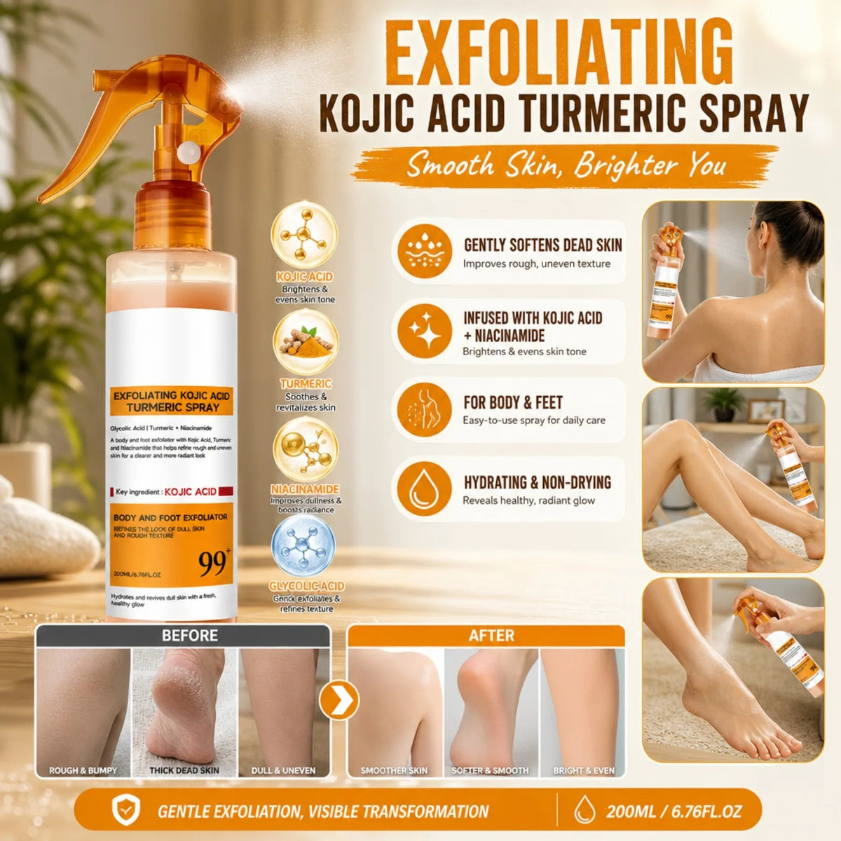 200ML Exfoliating Kojic Acid Turmeric Spray Body Foot Skin Spray Smoothing Rough Texture Hydrating Refreshing Body SkinCare