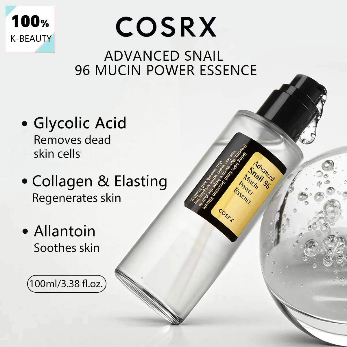 COSRX Snail Mucin 96 Power Repairing Essence 100ml, Quick Absorption, Mild Formula, Korean Cosmetics, Korean Skincare