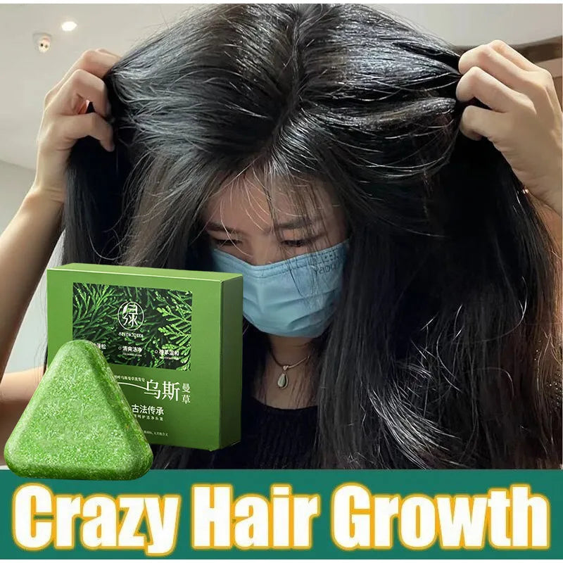 Green Shampoo Bar For Hair Growth Anti Hair Loss Control Oil & Dandruff Removal With Arborvitae & Usmania Herbs For Thicker Hair